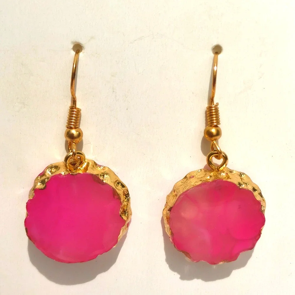 CRYSTAL QUARTZ EARRINGS GENUINE STONES PINK GOLD SHINY TRANSLUCENT STONES HOOK - Picture 2 of 2